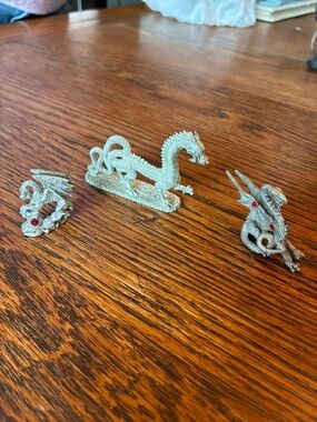 Silver Dragon Figurine Trio with Red Gem Accents